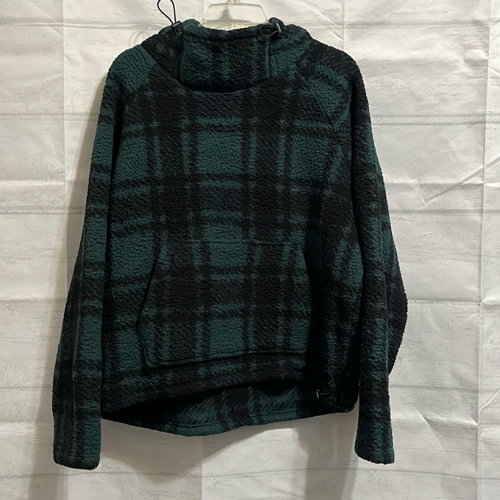 PINK Teddy Bear Sherpa Green Plaid Funnel Neck Pullover Size M